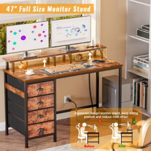 Furologee Computer Desk with 4 Fabric Drawers, 47" Gaming Desk with Power Outlets and LED Lights, Home Office Desk with Full Monitor Stand and Shelf, Study Writing Desk for Bedroom, Rustic Brown