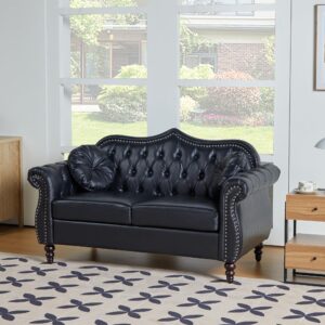 avzear 60" loveseat sofa, chesterfield sofa, mid-century modern pu upholstered 2 seater sofa, deep button tufted living room sofa with two throw pillows, black