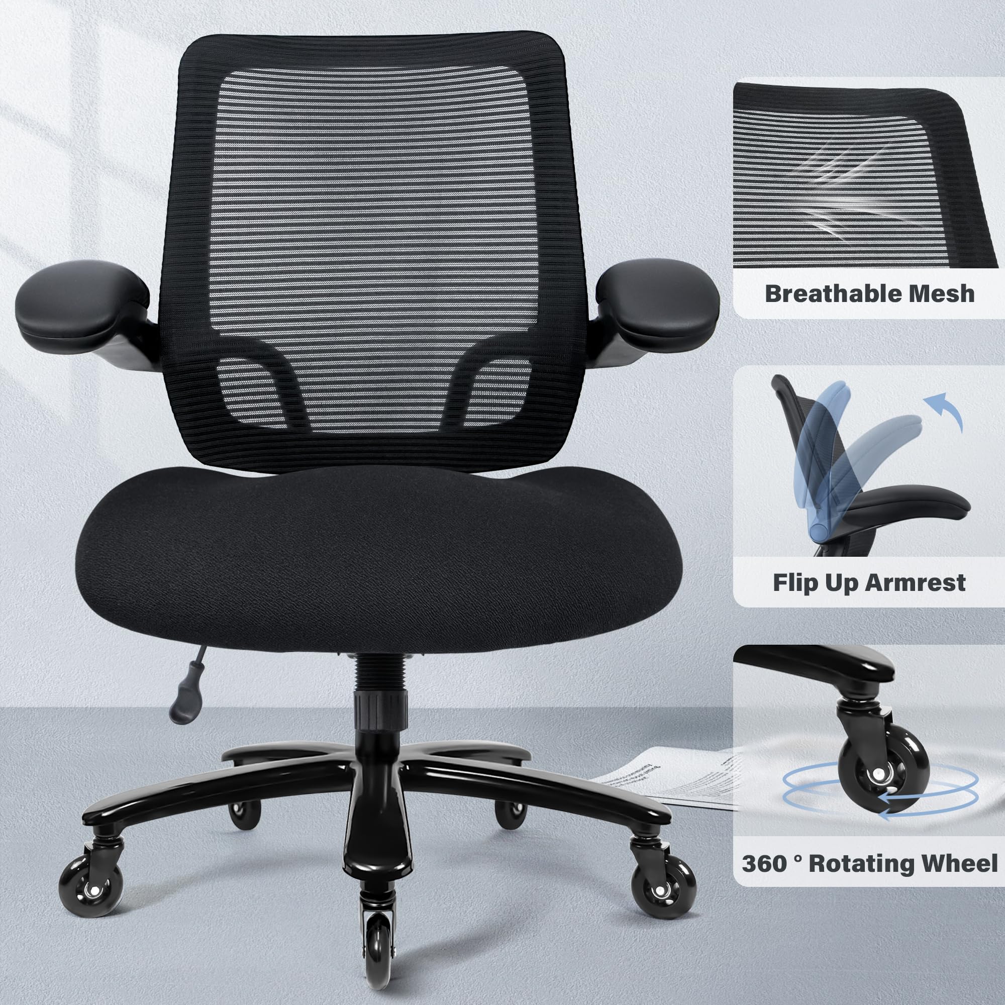 500lbs Big and Tall Office Chair - Heavy Duty Mesh Ergonomic Desk Chair, High Back Computer Chair - Flip-up Armrests, Wide Thick Seat Cushion, Quiet Wheels