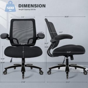 500lbs Big and Tall Office Chair - Heavy Duty Mesh Ergonomic Desk Chair, High Back Computer Chair - Flip-up Armrests, Wide Thick Seat Cushion, Quiet Wheels