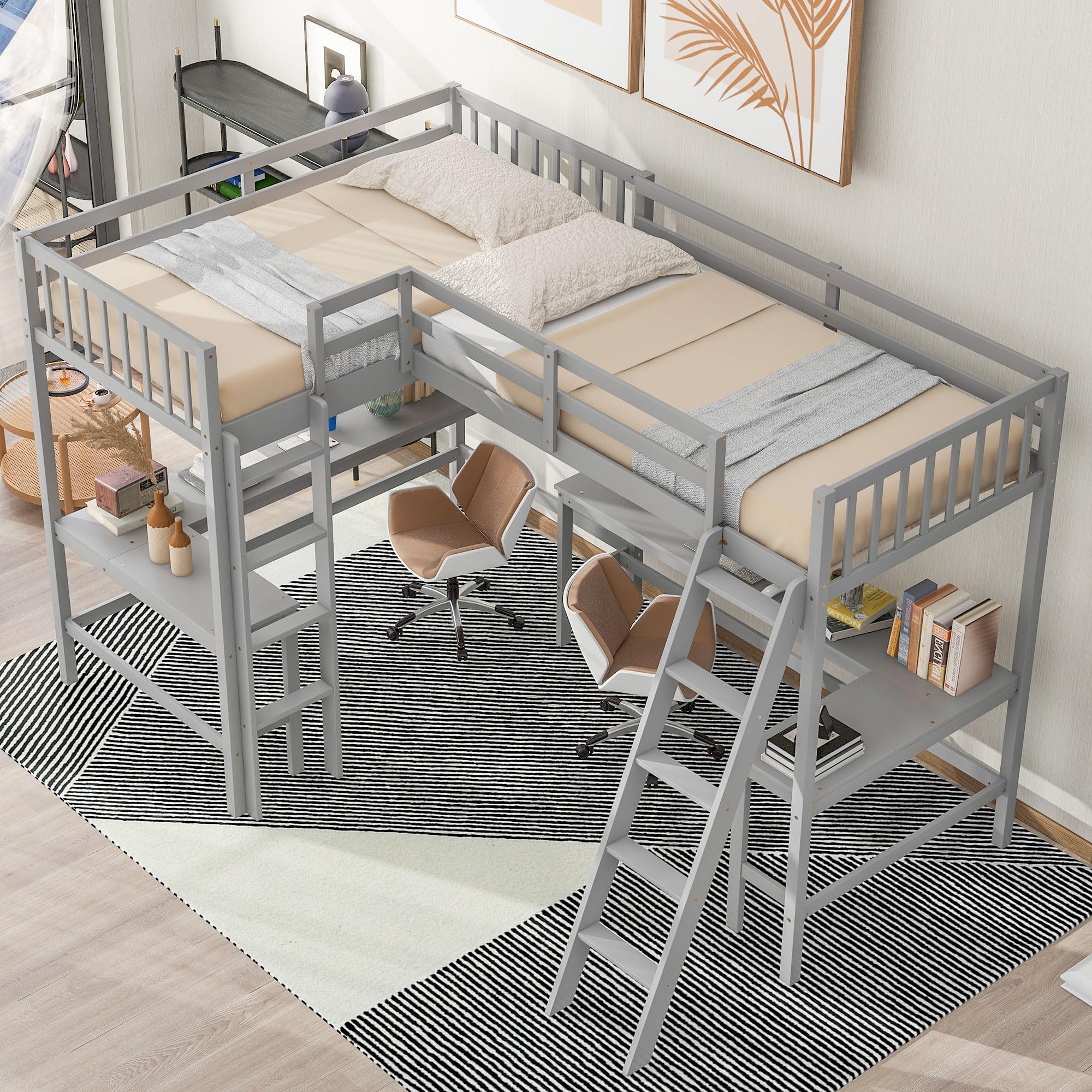 CITYLIGHT L-Shaped Loft Bed with 2 Built-in L-Shaped Desks,Wood Twin Size Loft Bed with Desk Underneath for Kids,Double Loft Beds with Guardrails and Ladders for Boys Girls Teens,Grey