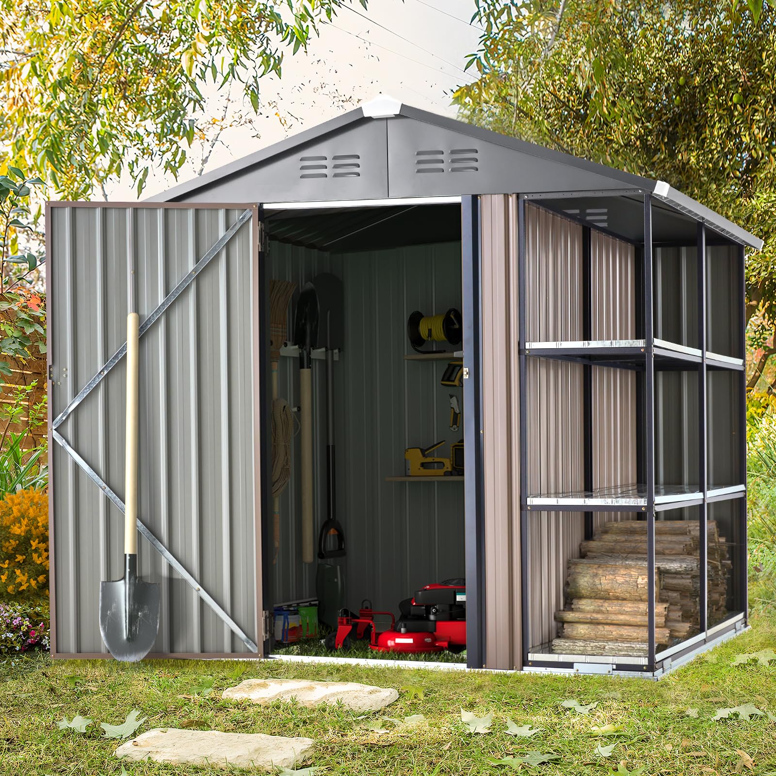 AECOJOY 6x6 Storage Shed with Rack,Small Outdoor Storage Tool Utility Shed with Shelves, Metal Garden Shed for Yard, Outdoor Storage Clearance Outside Use