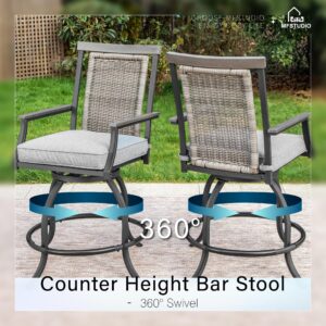 MFSTUDIO Outdoor Counter Height Bar Stool Set of 2, Swivel Rattan Backrest Metal Patio Bar Chair with Armrest and Cushion, All Weather Resistant Patio Chair, Grey