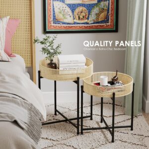 Bamworld Rattan Side Tables Round Nesting Tables Boho End Tables for Living Room Bedside Tables for Small Spaces Set of 3 Coffee Tables Hand Woven Night Stands with Metal Legs