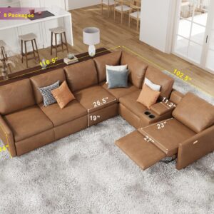 AMERLIFE Reclining Sectional Sofa, Power Recliner with Console& Single Right Recliner, 6 Seats L Shaped Couch with Cup Holder& Charging Port, Leather Modular Couch for Living Room