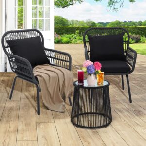 wildformers 3 Pieces Rattan Wicker Bistro Set, Outdoor Conversation Set, Wicker Furniture Set with Glass Top Table, Space Saving for Balcony, Backyard, Black