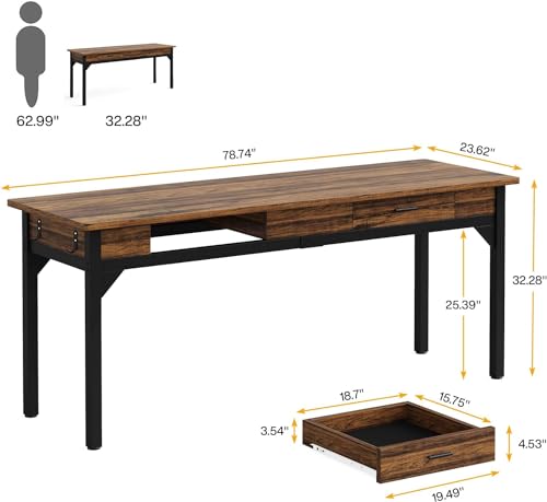 Tribesigns 78.7" Extra Long Computer Desk, [Double Desk] [2 Drawers], Two Person Desk Large Executive Office Desk, Writing Table Study Desk for Home Office, Rustic Brown