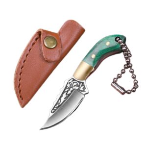 szhoworld ultra small fixed blade knife, 1.57 inch 5cr15 stainless steel blade with brass+colored wood handle, mini knife/box cutter with leather sheath for edc collection gift, three colors available (green)