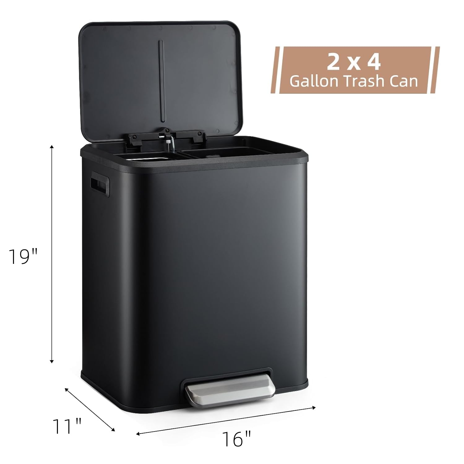 GAOMON Dual Bin Rectangular Trash Can, Stainless Steel Waste Bin with Lid, 30 Liters (2 X 15 L), Trash Can with Recycling Bin Combination, Soft Close and Airtight Lid - Black