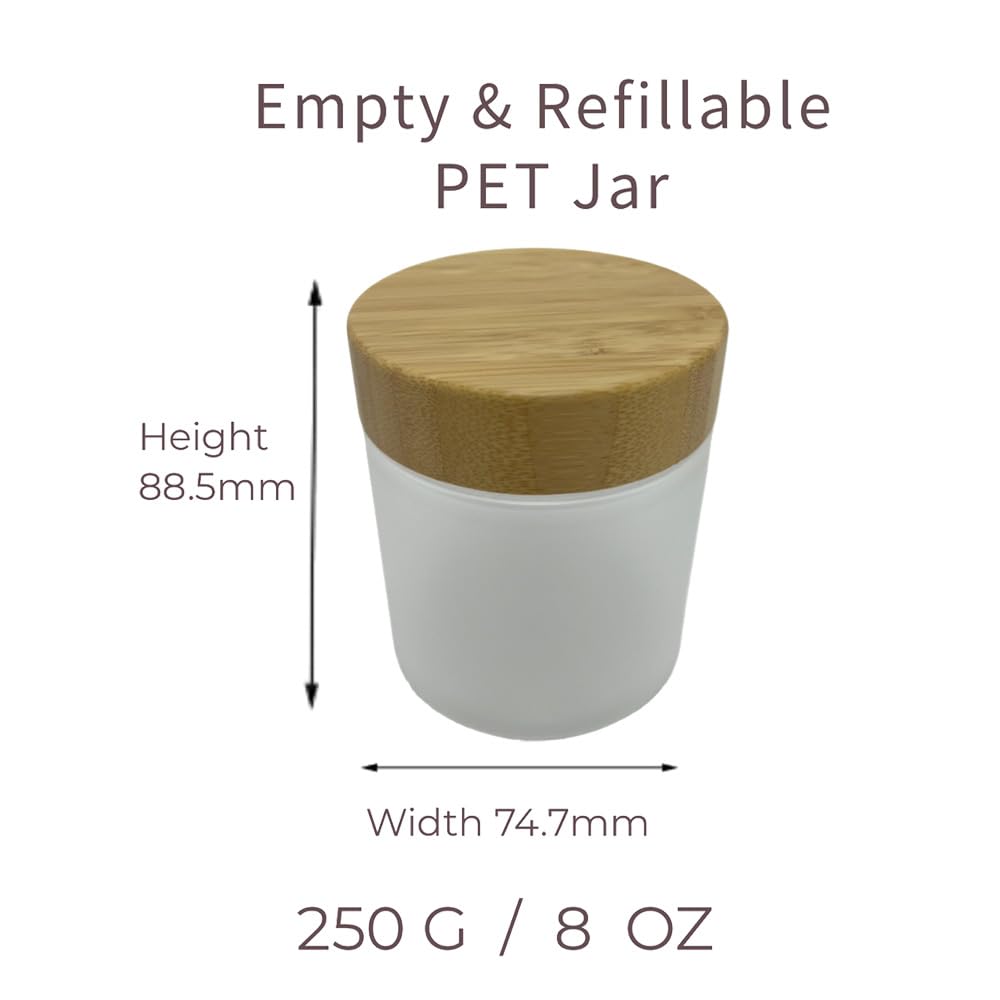 BEECO GIF2U Empty Bamboo Lid Jar 8oz/250g,Refilable Plastic Round Cosmetic Containers for Powder,Body Butter,Cream,Lotion,Wide Mouth Makeup Sample Storage Pot Dispenser(Frost)