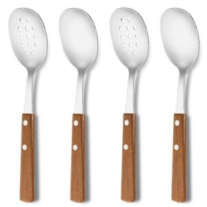 4-piece serving spoons set - includes 2 serving spoons and 2 slotted spoons, 18/8(304) stainless steel buffet serving utensils,stainless steel wooden serving utensil