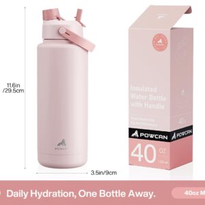 POWCAN 40 oz Insulated Water Bottle with 2-in-1 Straw and Spout Lid, Keep Cold 24H, Leak-Proof, BPA-Free, Double Wall Stainless Steel Water Bottle for Sports, Gym, Travel, and School (Cotton Candy)