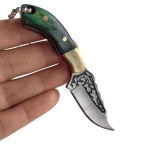 SZHOWORLD Ultra Small Fixed Blade Knife, 1.57 inch 5Cr15 Stainless Steel Blade with Brass+Colored Wood Handle, Mini Knife/Box Cutter with Leather Sheath for EDC Collection Gift, Three Colors Available (Green)