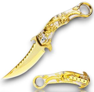 ramblade dragon folding knife with 440c stainless steel blade, 9.5 inches overall length, black handle (gold)