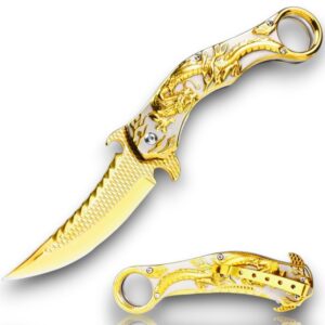 RAMBLADE Dragon folding knife with 440C stainless steel blade, 9.5 inches overall length, black handle (Gold)