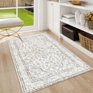 lahome oriental washable rug,3x5 rug for entryway indoor non-slip,ultra-thin soft boho area rug for bedroom,traditional vintage low-pile entry throw rugs mats for bathroom kitchen,(3x5ft,beige)