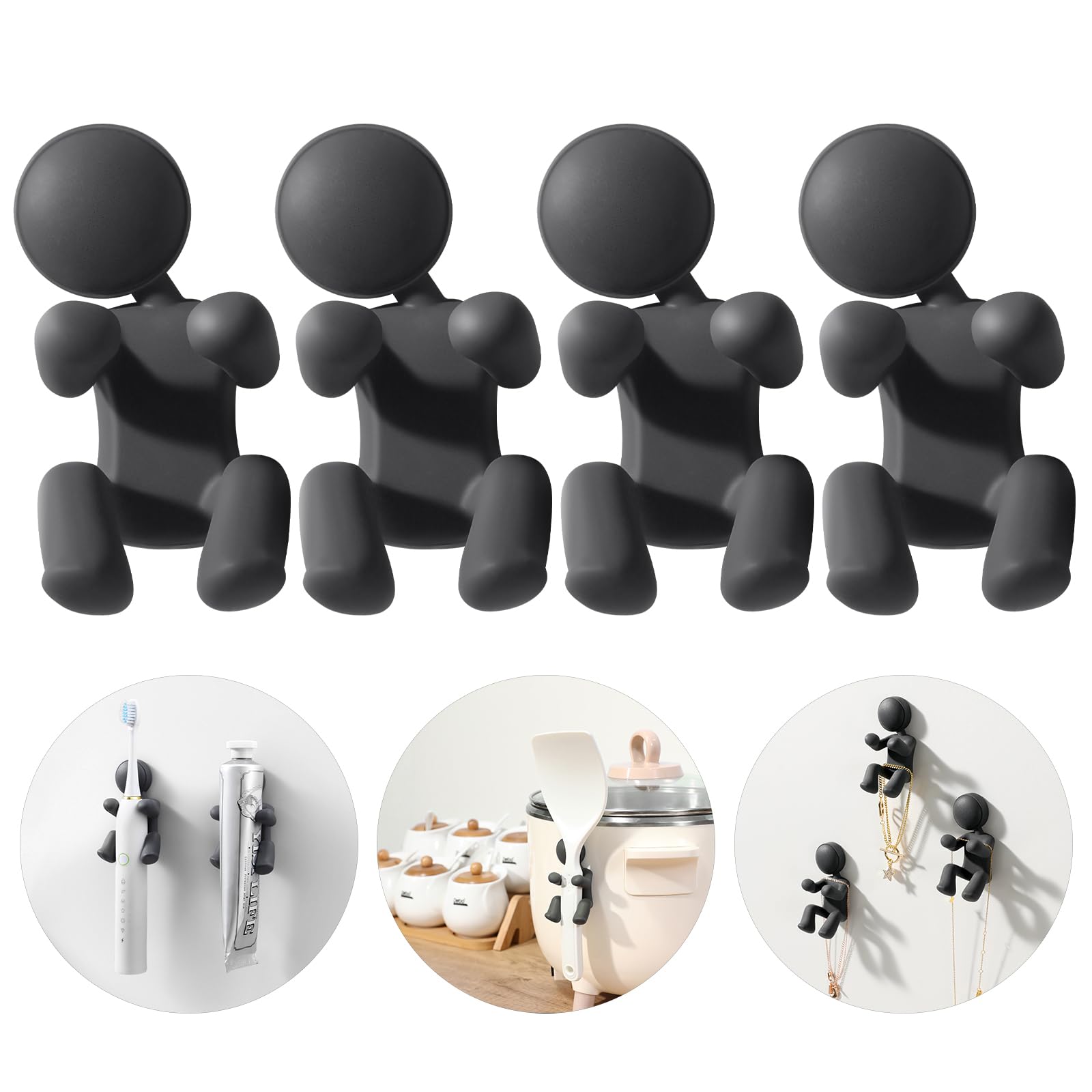 Multifunction Bathroom Silicone Hook,Creative Bedroom Wall Hooks,Waterproof Shower Hook,for Razor,Key,Spatulas and More,Kitchen Storage Essentials,Fun Gifts for Friend(Doll Shape) (4-pcs Gray)