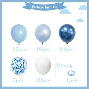 Blue and White Balloons, 50pcs 12 inch Blue White Confetti Balloons Kit, Metallic Chrome Blue Latex Balloons for Birthday, Baby Shower, Graduation Decorations