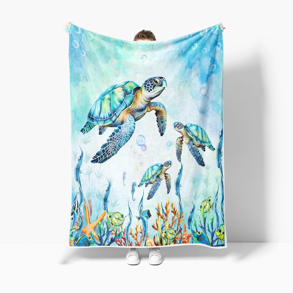 Turtle Blanket Sea Animal Starfish Throw Blanket Kids Blankets Throws Sea Turtle Gifts for Women Boys Girls Aqua Teal Blue Super Soft Cozy Flannel Throw Blanket for Couch Sofa Bed 50"x 60"