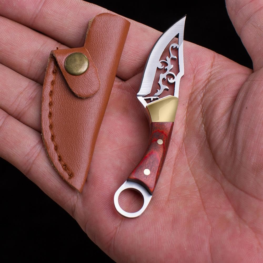 SZHOWORLD Ultra Small Fixed Blade Knife, 1.57 inch 5Cr15 Steel Laser Cutting Hollow Blade with Brass+Colored Wood Handle, Mini Knife/Box Cutter with Leather Sheath for EDC Use (Red brown)