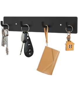 relbro key holder wall mount, black metal key hanger self adhesive key rail with 4 key hooks key rack organizer 2 options installation for entryway hallway kitchen rv camper