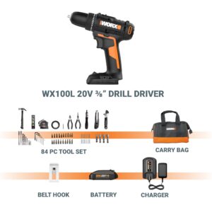 Worx 20V 3/8" Cordless Drill with 84pc Accessory Kit, Variable 2-Speed Drill Set 265 In-Lbs Torque 20+1 Clutch, Lightweight Compact Drill Driver 3/8-Inch Keyless Chuck – Battery & Charger Included