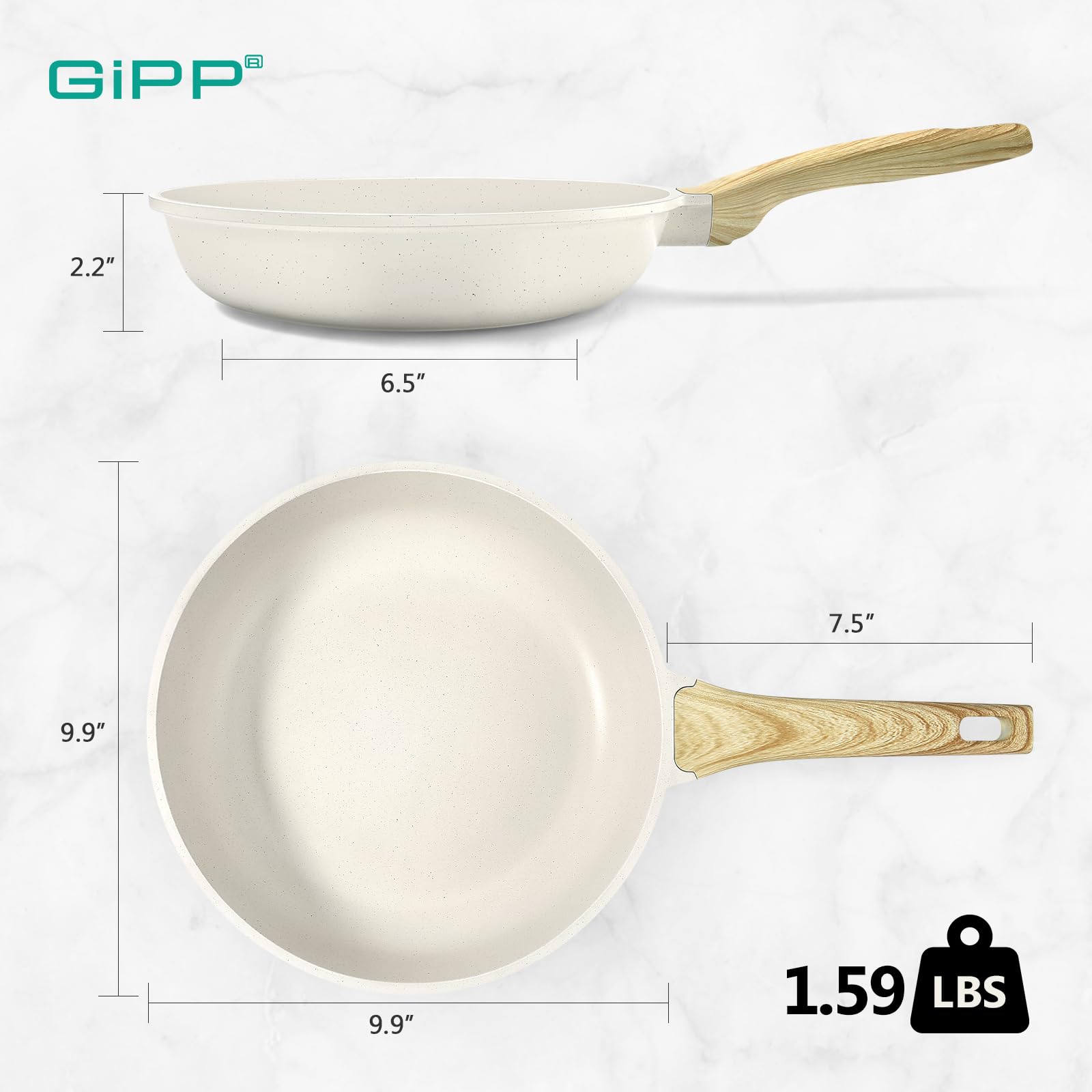 GiPP Nonstick Frying Pan Skillet - 9.5" White Granite Non Stick Fry Pans, Omelette Pan Healthy Stone Cookware Compatible with All Stovetops, PFOA Free