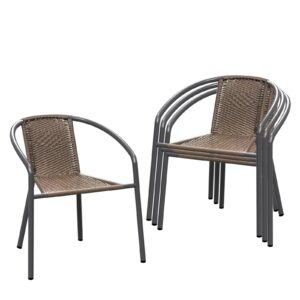 tangjeamer 4 pack patio stackable rattan chairs, indoor-outdoor restaurant wicker dining all-weather armchair stack chair, brown