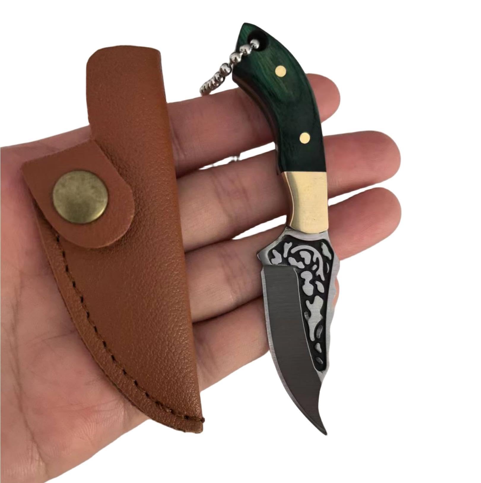 SZHOWORLD Ultra Small Fixed Blade Knife, 1.57 inch 5Cr15 Stainless Steel Blade with Brass+Colored Wood Handle, Mini Knife/Box Cutter with Leather Sheath for EDC Collection Gift, Three Colors Available (Green)