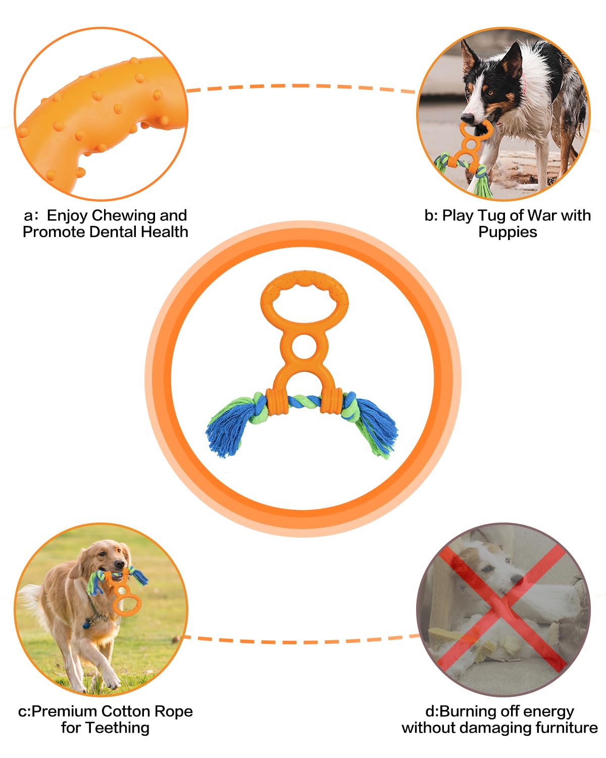 SCHITEC Tug of War Dog Toy, Rubber Rope Pull Toy for Small Medium Dogs, Interactive Play Puppy Teething Chew Toys