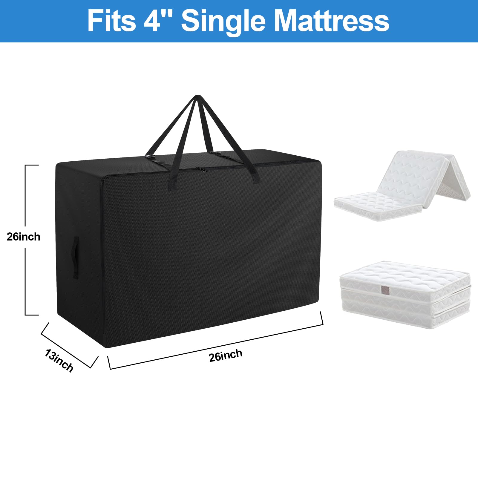 Folding Mattress Bag - 600D Oxford Cloth Heavy Duty Carry Case for Tri-Fold Guest Bed Mattress (Fits 4" Single Mattress, Black)