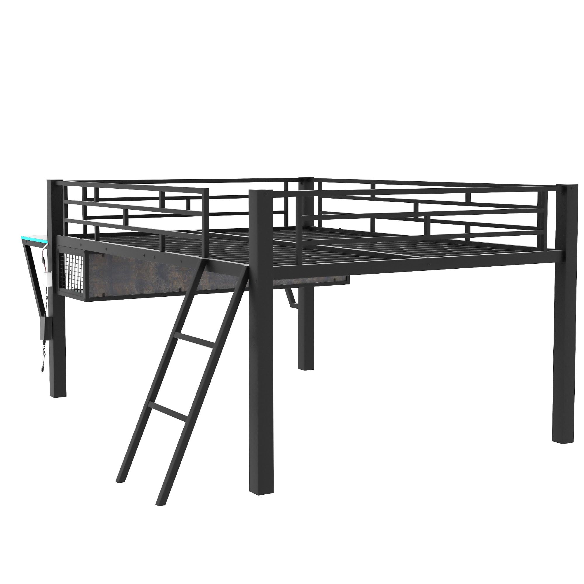 HZSSDTKJ Full Size Mid Metal Loft Gaming Bed with Desk and LED Lights, Modern Steel Loft Bed Frame with Inclined Ladder and Safety Guardrail for Kids Teens Girls Boys, Easy Assemble (Black-08, Full)