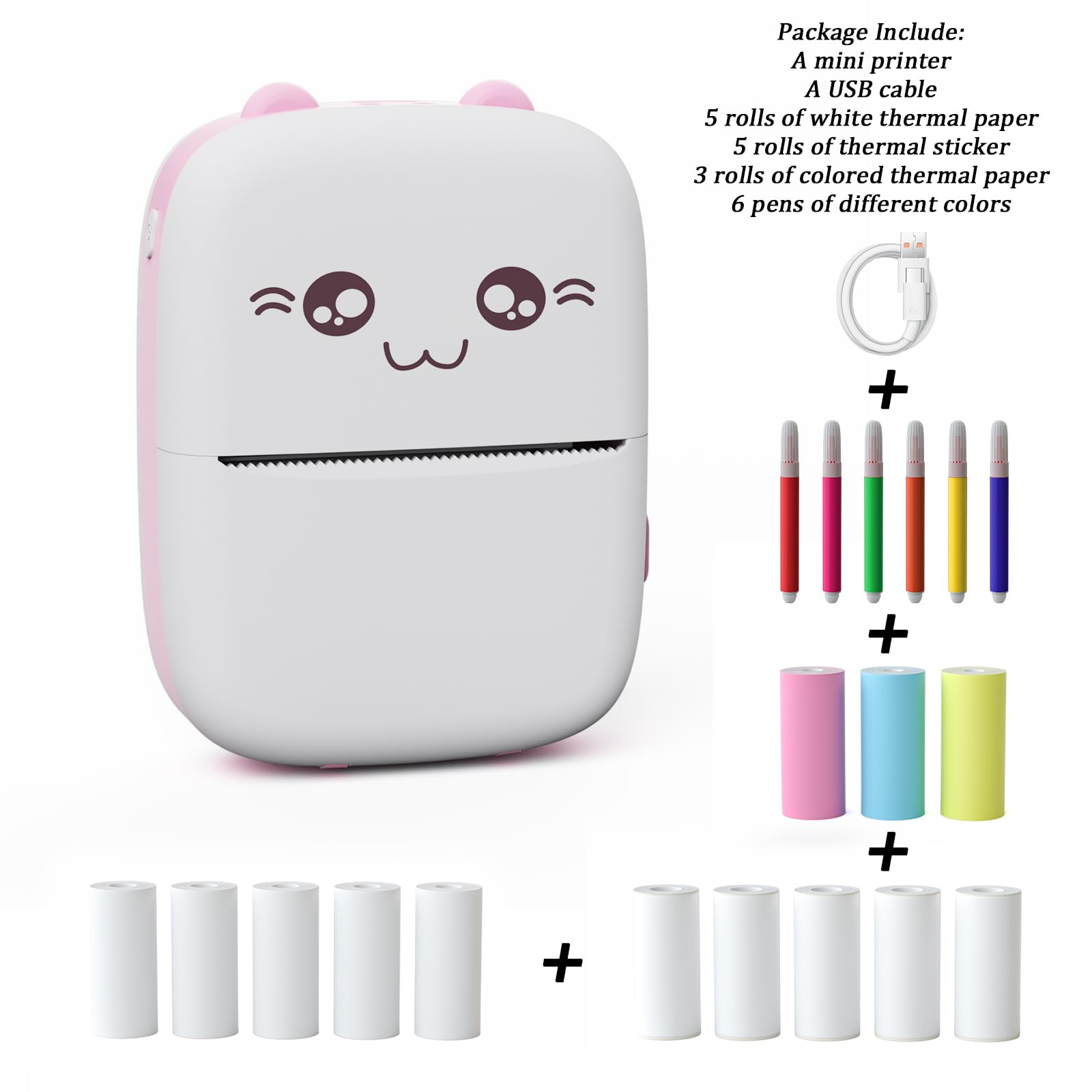 Inkless Sticker Printer, Mini Pocket Thermal Sticker Printer, Bluetooth Pocket Portable Printer with 13 Rolls Thermal Paper, Compatible with IOS and Android Phone for Photo, Memo, Notes(Pink).