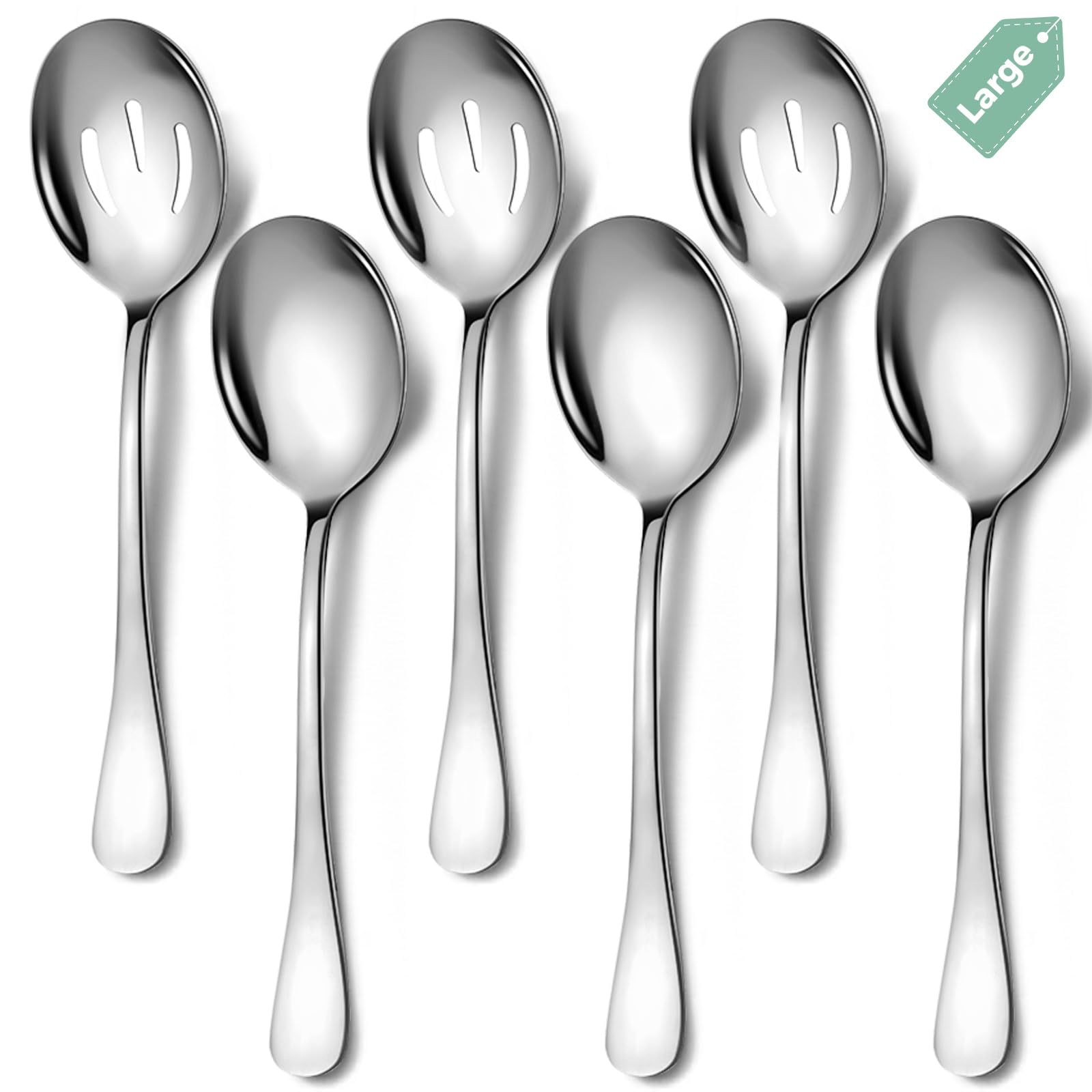 Large Serving Spoons, 6 Pieces Large Stainless Steel Serving Spoons Set Includes 3 Large Serving Spoon,3 Large Slotted Spoons. Serving Spoons for Parties/Buffet, Dishwasher Safe, 10-Inch