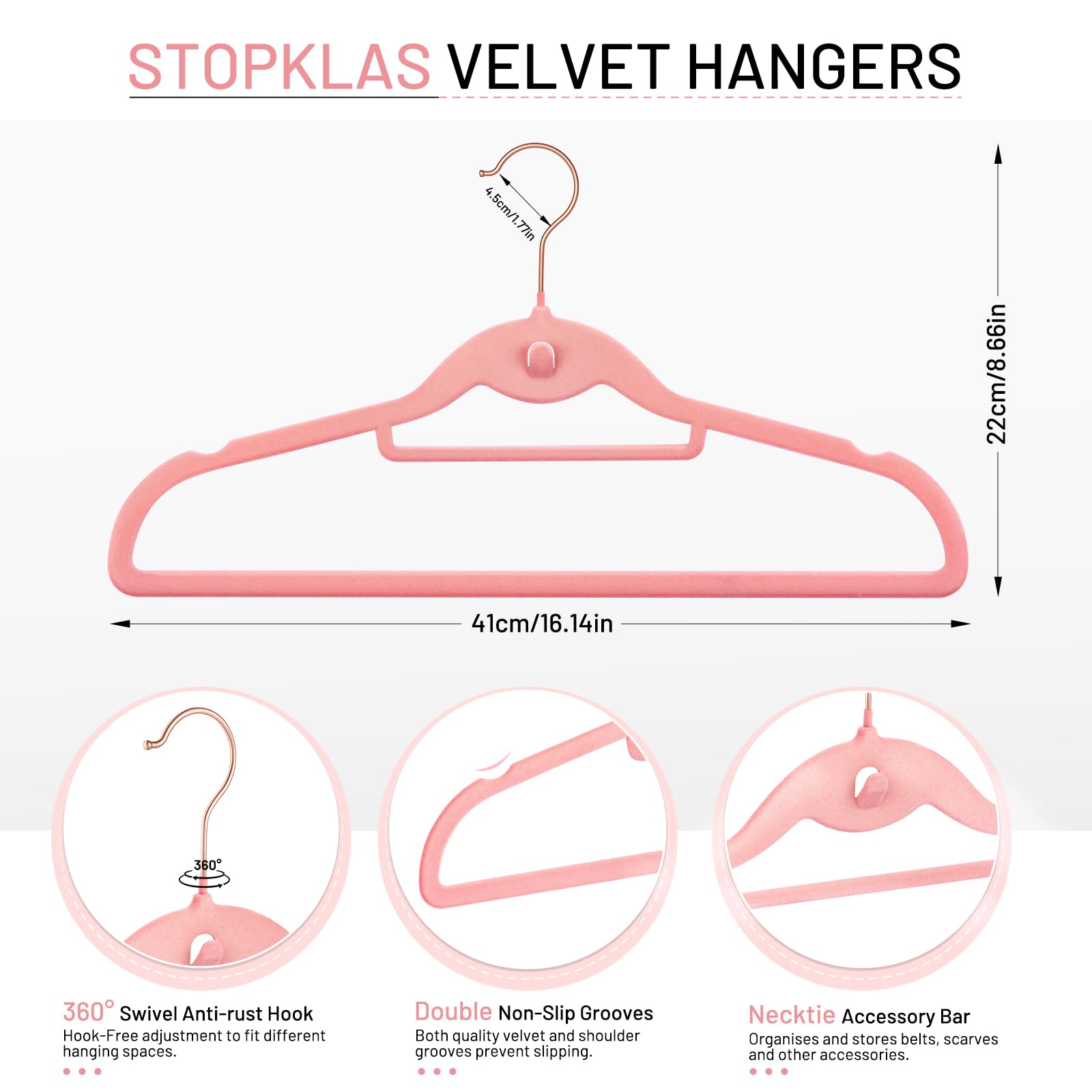 Velvet Hangers 30 Pack, STOPKLAS Pink Clothes Hangers Non Slip Felt Hangers with 360° Swivel Hook, Thin Hangers Space Saving, Heavy Duty Closet Hangers for Clothes, Coats, Suits, Dress, Pants