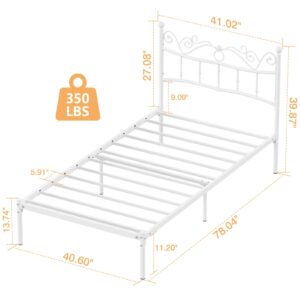 Merronix Twin Bed Frames with Headboard, Elegant Metal Bed Frame for Kids Girls, Modern Twin Size Platform Bed - No Box Spring Needed, 11.2 Inches Height Underneath Storage - White