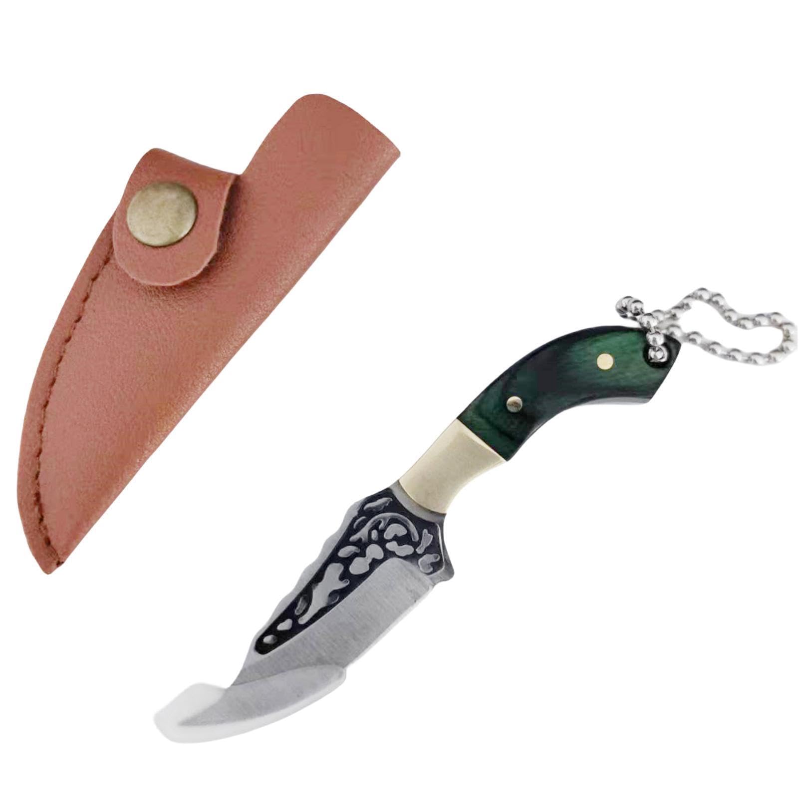 SZHOWORLD Ultra Small Fixed Blade Knife, 1.57 inch 5Cr15 Stainless Steel Blade with Brass+Colored Wood Handle, Mini Knife/Box Cutter with Leather Sheath for EDC Collection Gift, Three Colors Available (Green)