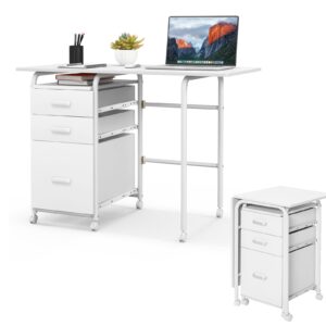 chefjoy folding computer desk with 6 wheels, 41.5" modern steel collapsible home office desk with 3 storage drawers, portable writing laptop desk for bedroom, study, small space, home office, white