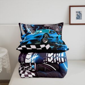 Toddler Race Car Bed for Boys,Teal Neon Lights Honeycomb Twin Size Bedding Set Cool Sports Car Glitter Beehive Geometric Hexagon Comforter Set,Black White Grid Lattice Quilt Buffalo Plaid Decor