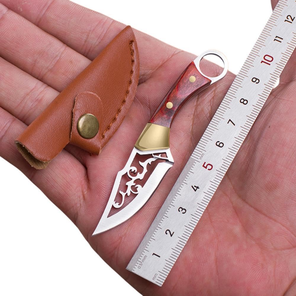 SZHOWORLD Ultra Small Fixed Blade Knife, 1.57 inch 5Cr15 Steel Laser Cutting Hollow Blade with Brass+Colored Wood Handle, Mini Knife/Box Cutter with Leather Sheath for EDC Use (Red brown)