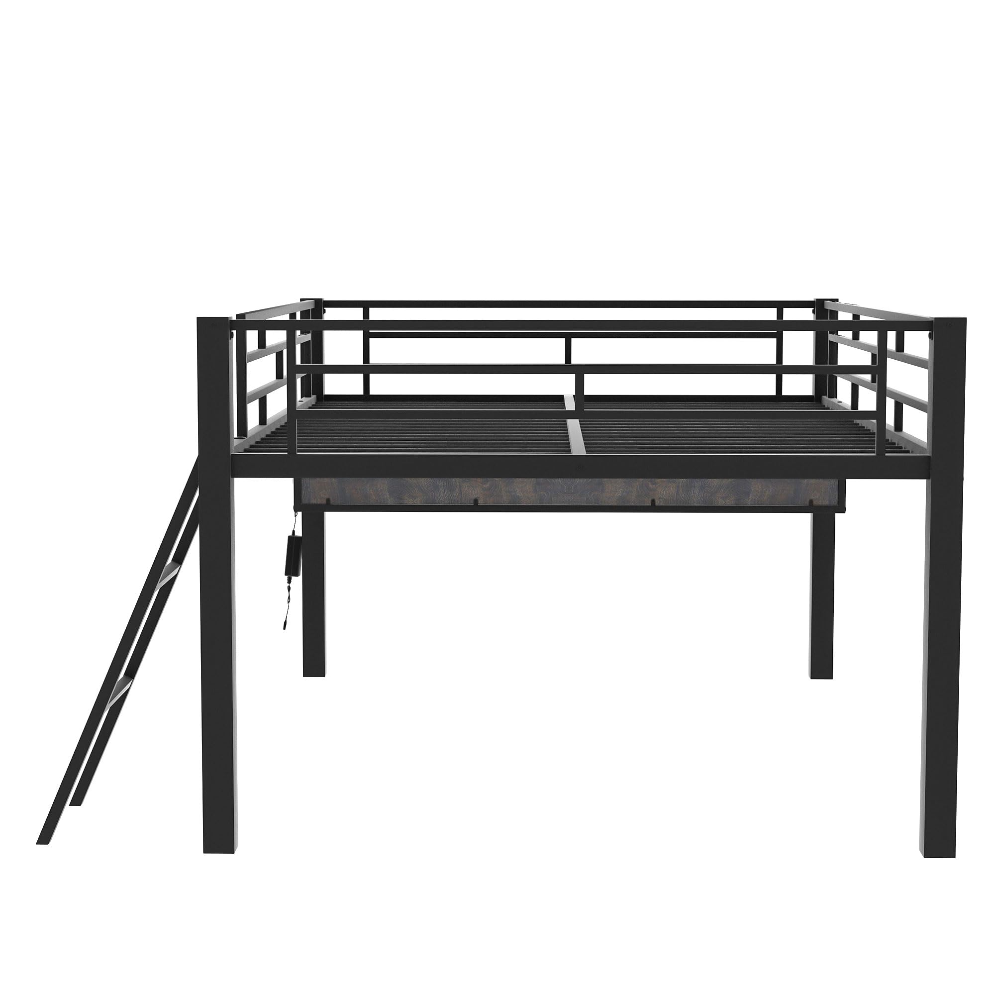 HZSSDTKJ Full Size Mid Metal Loft Gaming Bed with Desk and LED Lights, Modern Steel Loft Bed Frame with Inclined Ladder and Safety Guardrail for Kids Teens Girls Boys, Easy Assemble (Black-08, Full)