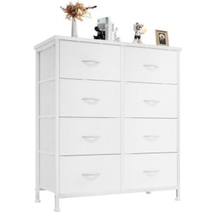 dumos dresser for bedroom with 8 fabric drawers, tall chest organizer units for clothing, closet, kidsroom, storage tower with cabinet, metal frame, wooden top, lightweight nursery furniture, white