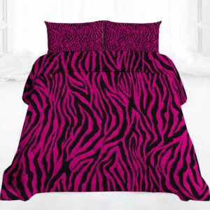 NYDYCMX Zebra Print Comforter Queen Size,Leopard Skin Down Alternative Duvet Insert,Hot Pink Wild Animal Bedding Set for Kids Gilrs Women Youth,Modern Black Bedroom Dorm Decor Quilt Sets 3 Pcs