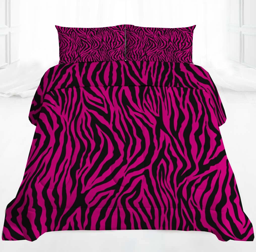 NYDYCMX Zebra Print Comforter Queen Size,Leopard Skin Down Alternative Duvet Insert,Hot Pink Wild Animal Bedding Set for Kids Gilrs Women Youth,Modern Black Bedroom Dorm Decor Quilt Sets 3 Pcs