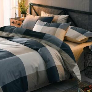 MKXI Plaid Duvet Cover Queen Soft Grid Bedding Set 100% Cotton Plaid Bedding Geometric Comferter Cover with 2 Pillowcases Checkered Pattern Bedding Cover