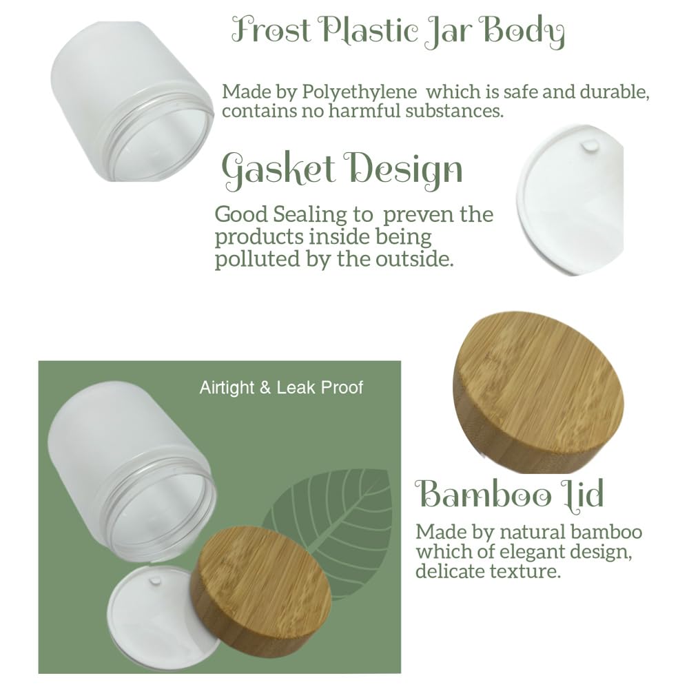 BEECO GIF2U Empty Bamboo Lid Jar 8oz/250g,Refilable Plastic Round Cosmetic Containers for Powder,Body Butter,Cream,Lotion,Wide Mouth Makeup Sample Storage Pot Dispenser(Frost)