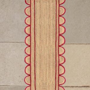 BUNDELA EXPORTS Scalloped Jute Area Rug, Floor Farmhouse Rug Natural Braided Reversible Boho Eco Large 2x12 Ft Runner Rug (RED)