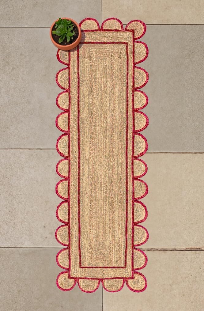 BUNDELA EXPORTS Scalloped Jute Area Rug, Floor Farmhouse Rug Natural Braided Reversible Boho Eco Large 2x12 Ft Runner Rug (RED)