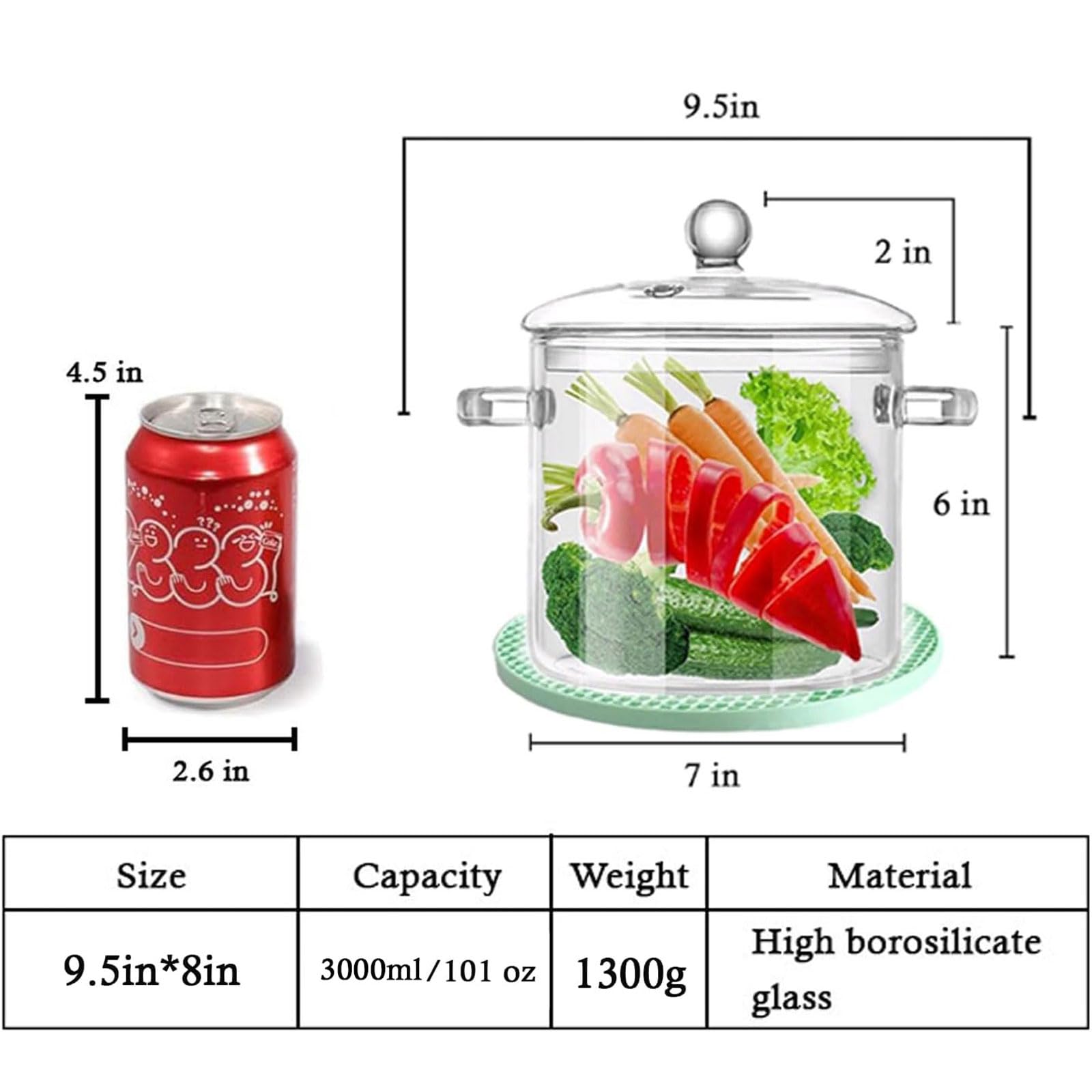 Clear Glass Simmer Pot with Lid for Cooking Potpourri Cookware Saucepan 3L 101OZ Large Pots for Stove Top Visions Stockpots Pan Big Safe Borosilicate Pans