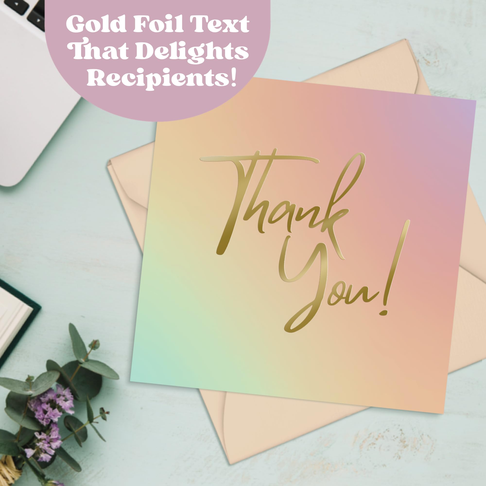 Thank You Cards With Envelopes - Gold Foil Stamp Text - Stylish, Colorful, Cute Thank You Notes For Birthdays, Holidays, Business - 5 x 5 Inches